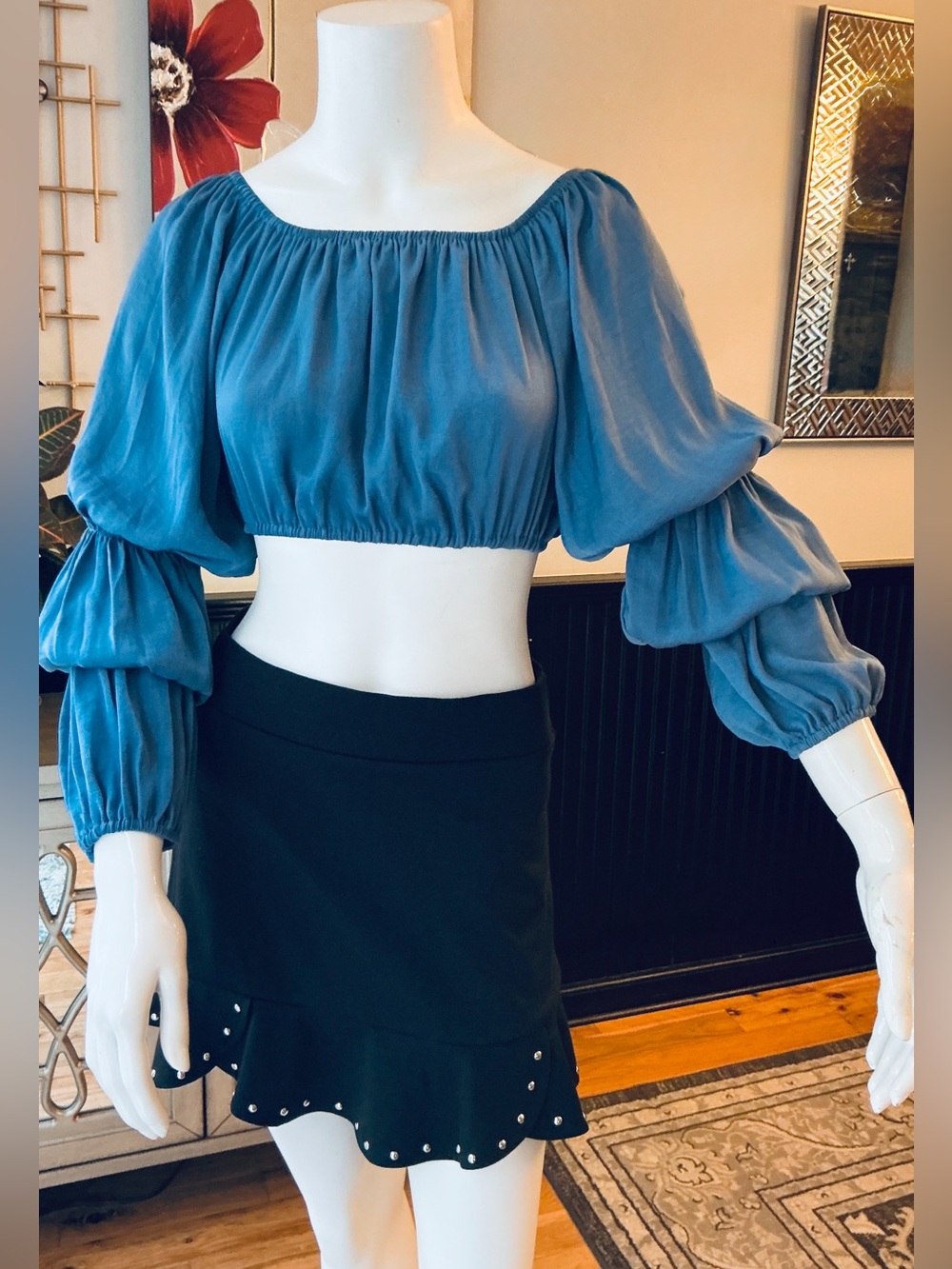 Hippie 70’s Peasant Crop Top Off Shoulder Icy Blue Tiered Flowy Sleeves Size 10